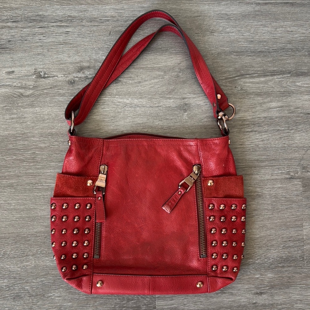B. Makowsky Red Leather and Rose Gold Studded Bag